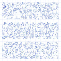 Fototapeta na wymiar Children medical center. Healthcare illustration. Doodle icons with small kids, infection, fever, cold, virus, illness.