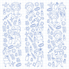 Fototapeta na wymiar Children medical center. Healthcare illustration. Doodle icons with small kids, infection, fever, cold, virus, illness.