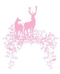 pair of wild deer standing among blooming cherry tree branches - spring season nature silhouette vector design