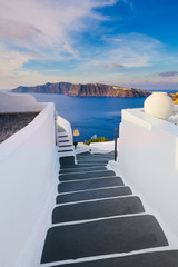 Staircase with view to the sea in Oia, Santorini, Greece
