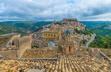 Fototapeta na wymiar Panoramic view over the italian old city Ragusa with its typical roof tops, Sicily, Italy