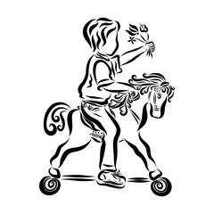 The boy rides a toy horse with a bouquet of flowers in his hand, a gift