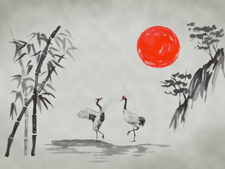 Japan traditional sumi-e painting. Fuji mountain, sakura, sunset. Japan sun. Indian ink illustration. Japanese picture.