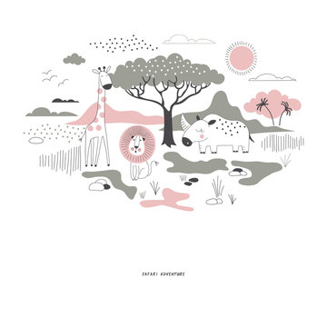 decorative pink and green savannah wildlife illustration with giraffe, lion, rhino, scandinavian style safari graphic, kids summer t-shirt print