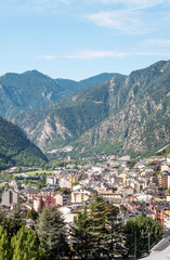 Fototapeta na wymiar Aerial view of Andorra la Vella with the mountains of the Pyrenees in the background