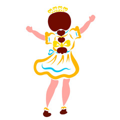 Little happy princess in a yellow dress and a crown of hearts