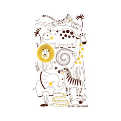 decorative yellow and blue savannah wildlife illustration with animals leopard, hippo, lion, snake, giraffe, zebra, elephant scandinavian style safari graphic, kids summer t-shirt print © AngellozOlga