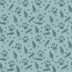 Teal cat,  paw prints, fish, and hearts seamless and repeat pattern background