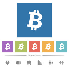 Bitcoin digital cryptocurrency flat white icons in square backgrounds