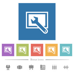 Screen settings flat white icons in square backgrounds