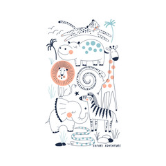 decorative orange and navy blue savannah wildlife illustration with animals leopard, hippo, lion, snake, giraffe, zebra, elephant scandinavian style safari graphic, kids summer t-shirt print