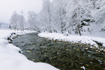 Winter landscape with a river and frosty trees