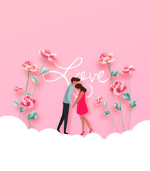 Illustration of couple  with 3d flower.  Love concept, Valentine's day background. Vector illustration. Wallpaper, invitation, posters,