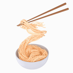 Chinese noodle or Japanese Instant noodle Chopped with chopsticks form white bowl.