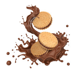 Sandwich cookies with chocolate splash, 3d illustration for biscuit package design.