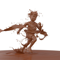 Splash of Chocolate in form of Boy's body runner winning race, cocoa liquid, with clipping path. 3D illustration.