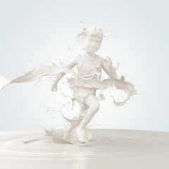 Fototapeta na wymiar Splash of milk in form of Boy's body runner winning race, Boy jump, with clipping path. 3D illustration.