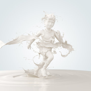Splash of milk in form of Boy's body runner winning race, Boy jump, with clipping path. 3D illustration.