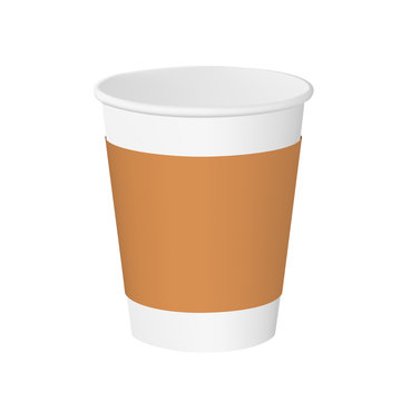 Empty paper cup with kraft sleeve, isolated on white background. Vector