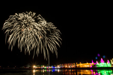 Colorful firework festival on SEA SALT & LIGHT at Phetchaburi province, Thailand.