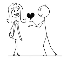Cartoon stick drawing conceptual illustration of man giving heart to woman. Metaphor of love confession.