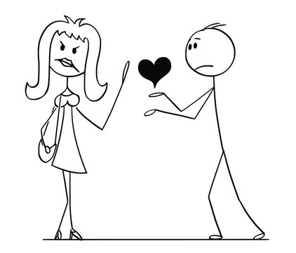 Cartoon stick drawing conceptual illustration of woman rejecting heart as symbol and metaphor of love from man.
