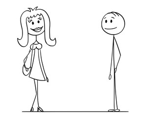 Cartoon stick drawing conceptual illustration of man and woman looking at each other and flirting.