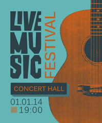 Vector banner or poster for live music festival with guitar in retro style