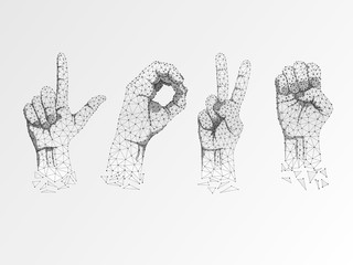 Love Sign language Ok, peace, victory agreement gesture. 3d low poly model of human hand. Origami style Polygonal space low poly. Silent communication. Connection wireframe. Raster on white background