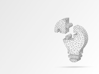 Lightbulb Jigsaw Puzzle. Idea, electricity, innovation concept. Neon low poly wireframe bulb lamp symbol. Origami style Abstract connection lines polygon. Raster illustration on white background