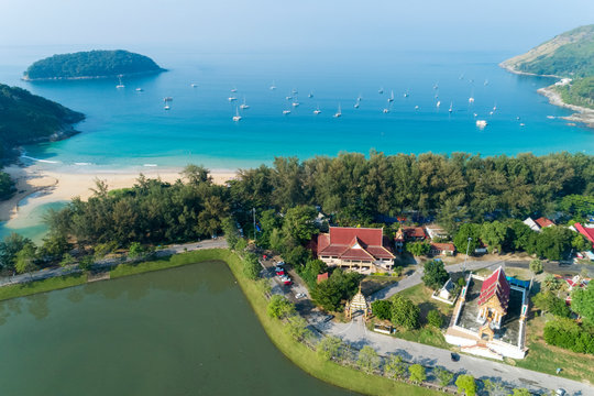 Aerial view drone shot of Nai harn beach Beautiful beach in Phuket Thailand