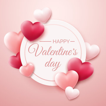 Valentines Day background with red and pink hearts and place for text. Holiday card illustration on light background