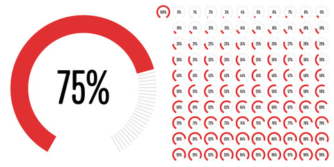 Set of circular sector percentage diagrams (meters) from 0 to 100 ready-to-use for web design, user interface (UI) or infographic - indicator with red