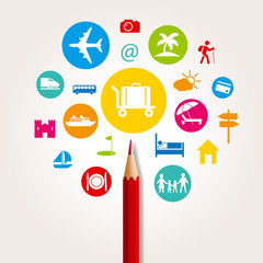 concept d’une bannière internet sur le thème des vacances, avec des pictogrammes pour illustrer le choix d’un programme touristiques