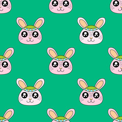 Cute kids rabbit pattern for girls and boys. Colorful rabbit on the abstract background create a fun cartoon drawing. The rabbit pattern is made in neon colors. Urban backdrop for textile and fabric.