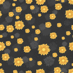 Seamless pattern with golden daisy flowers on dark background