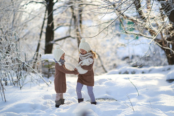 Fototapeta na wymiar children sisters play with cat in snow. Winter