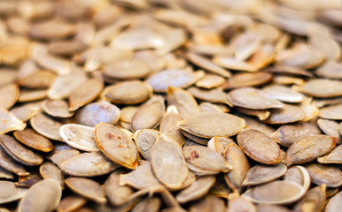 Pumpkin seeds without Husk close up – copy space for text.