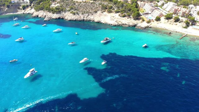 Aerial view over Camp de Mar with hotels and beaches, Costa de La Calma, Mallorca, Spain