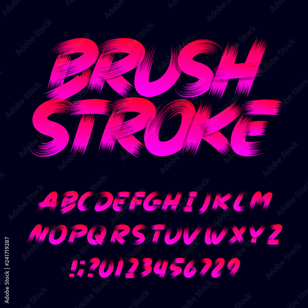 Poster brush stroke alphabet font. uppercase messy letters numbers and symbols. stock vector typography.