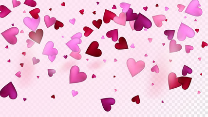 Falling Hearts Vector Confetti. Valentines Day Wedding Pattern. Elegant Gift, Birthday Card, Poster Background Valentines Day Decoration with Falling Down Hearts Confetti. Beautiful Pink Scatter