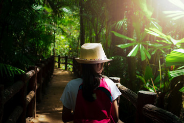 Girl with backpack walking in to tropical rainforest.