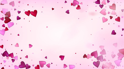 Flying Hearts Vector Confetti. Valentines Day Wedding Pattern. Trendy Gift, Birthday Card, Poster Background Valentines Day Decoration with Falling Down Hearts Confetti. Beautiful Pink Border
