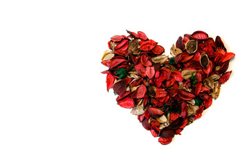 red heart of rose petal isolated on white background