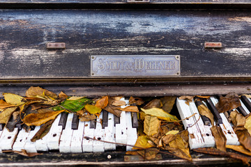Keyboard musical instrument with broken keys. On the keys of the old piano is autumnal foliage. The concept of creative crisis, emptiness. Autumn has come. Broken piano.