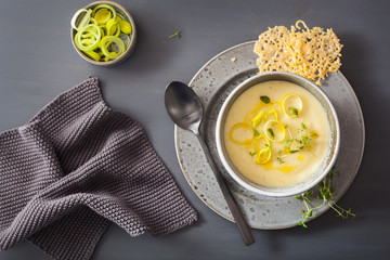 creamy potato and leek soup in bowl
