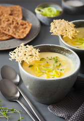 creamy potato and leek soup in bowl