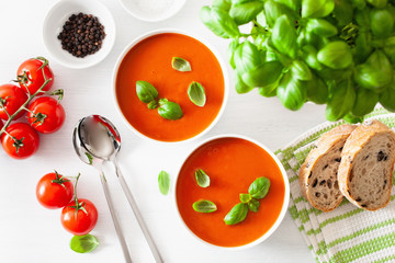 tomato soup flat lay on white backgorund
