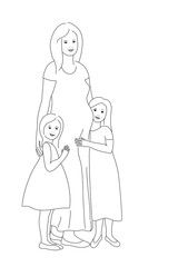 Children hug mom. Pregnant mother with her children. Mother of many children. Pregnancy. Line drawing.