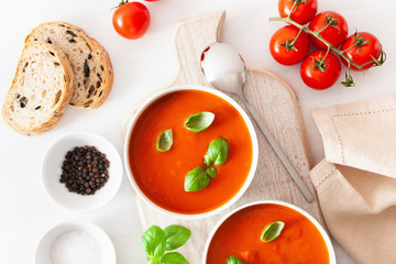 tomato soup flat lay on white backgorund